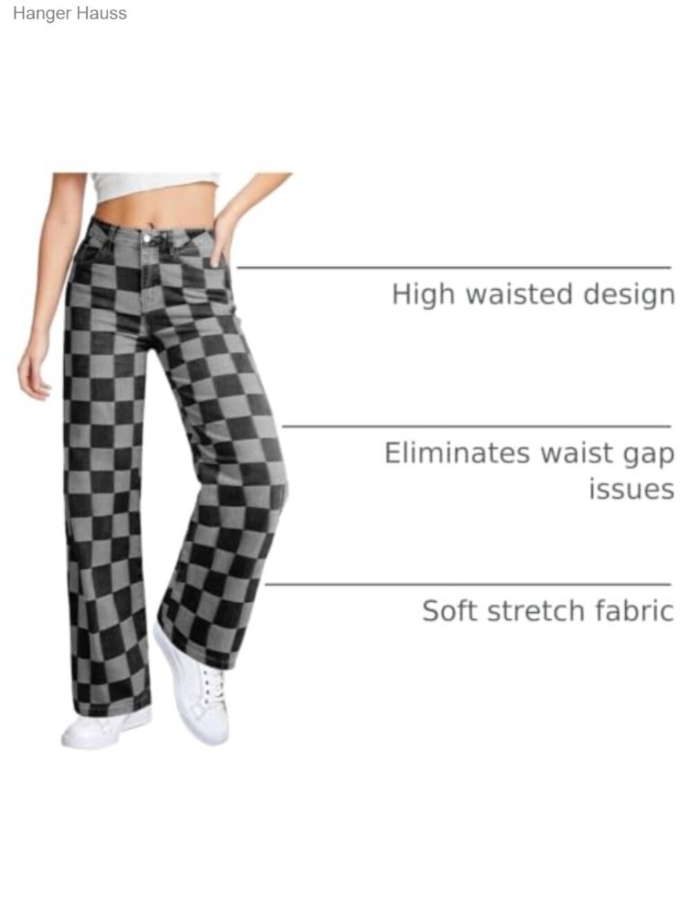 High Waisted Wide Leg Checkered Denim Jeans Stretch Straight Leg Pants - Picture 3 of 6